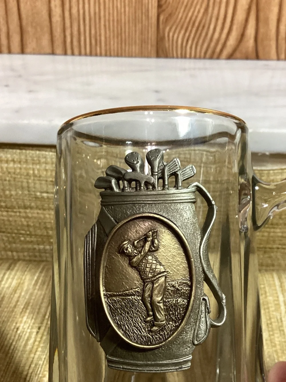 Clear Glass Golf-Themed Beer Stein with Gold Trim